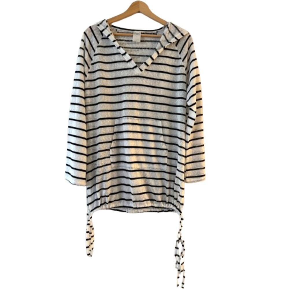 Kona Sol Stripe Swim Cover Up Hoodie Size S White Raglan Kangaroo Pocket Tie Hem